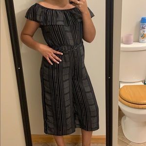 “As U Wish” over the shoulder stripped Jumpsuit